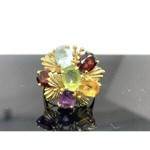 Cocktail Ring 14k Yellow Gold Cluster Multi Color Gemstone Estate Women's Size 7